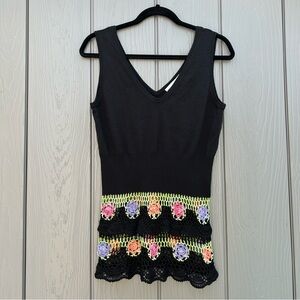 Y2K Hot Mustard Silk Top Floral Crochet Bottom V-neck Sleeveless Cottagecore VTG